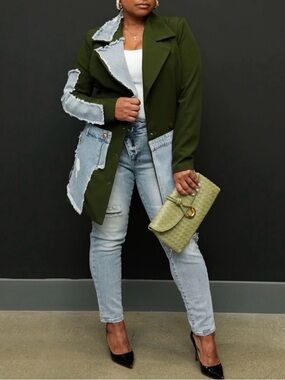 Olive Green Blazer with Distressed Denim Patchwork